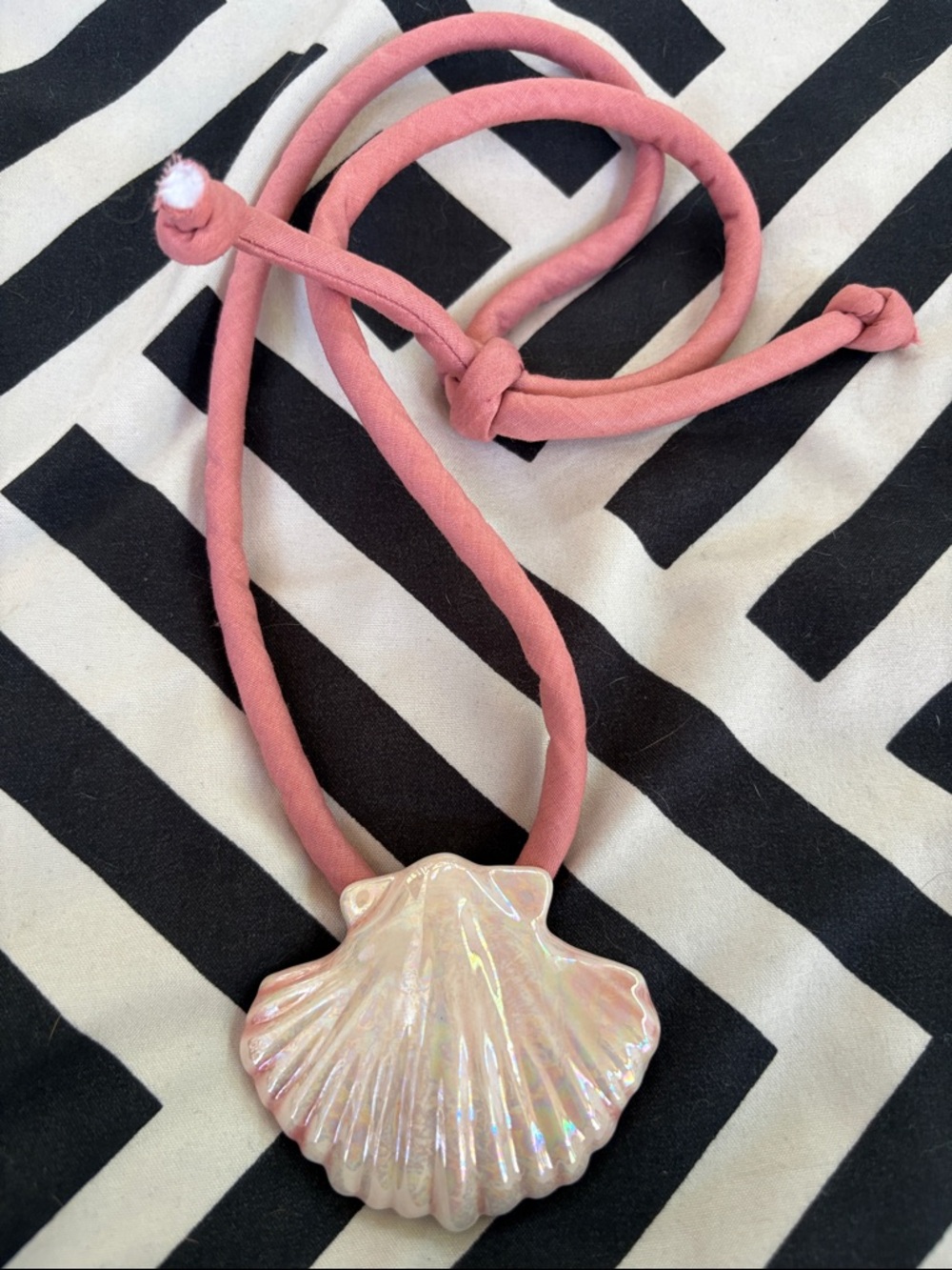 Flying Colors Vintage Iridescent Shell Pendant Necklace on Pink Cord